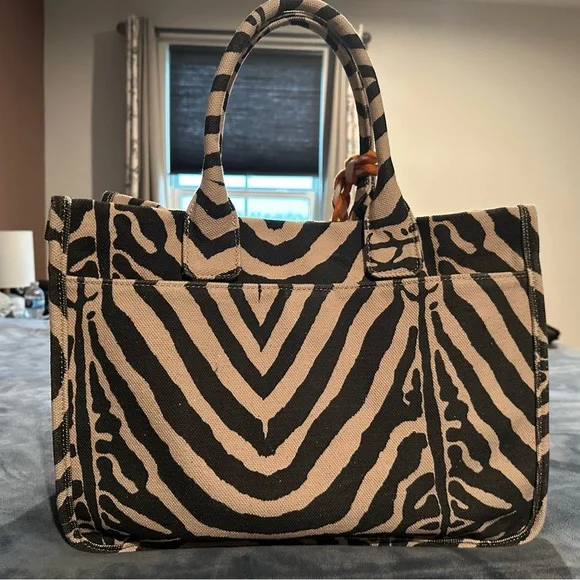 Vince Camuto Black and Tan Chevron Tote Bag - Picture 4 of 5